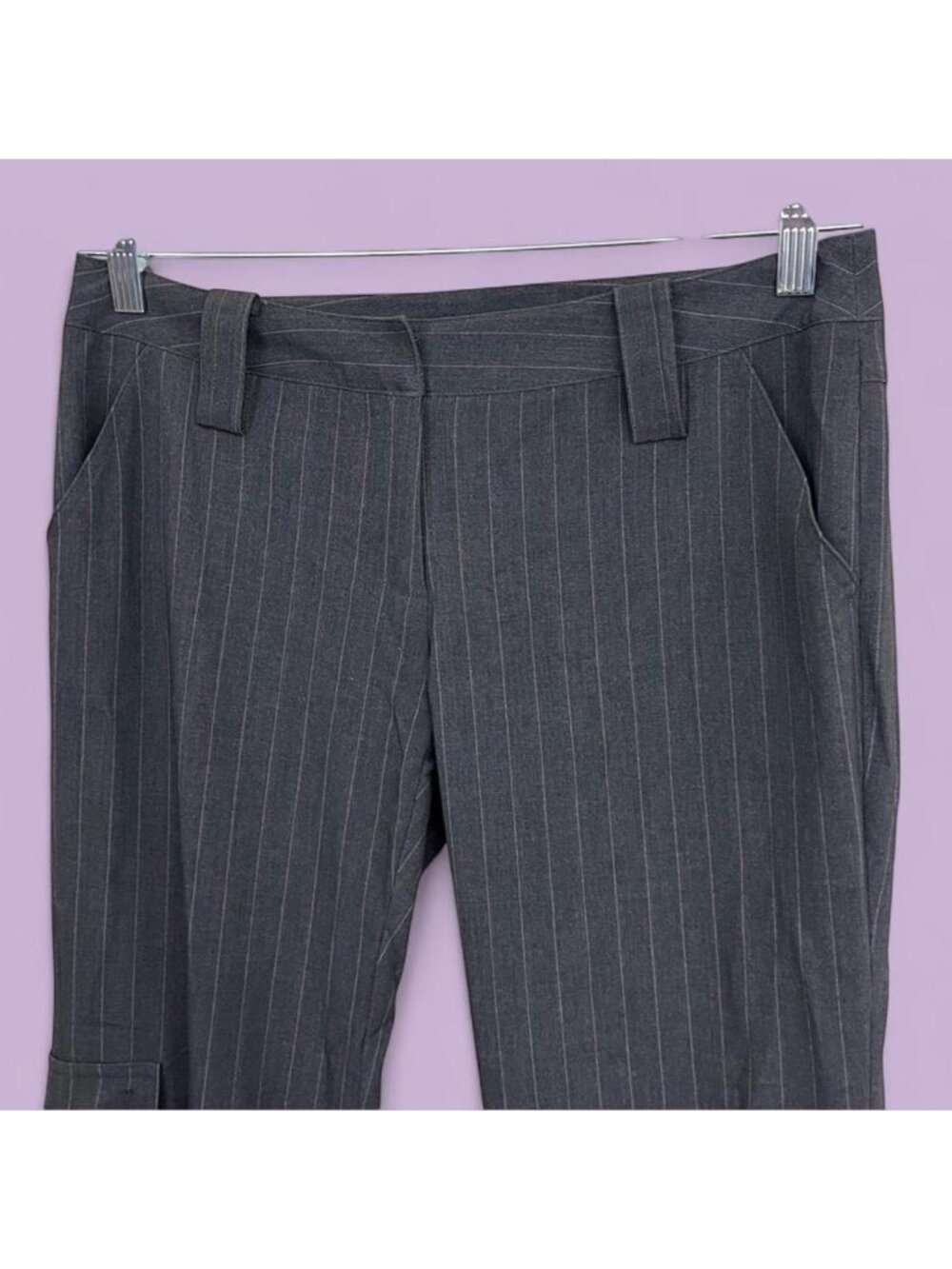 y2k gray pink pinstripe alt emo grunge corpcore low rise cargo trousers